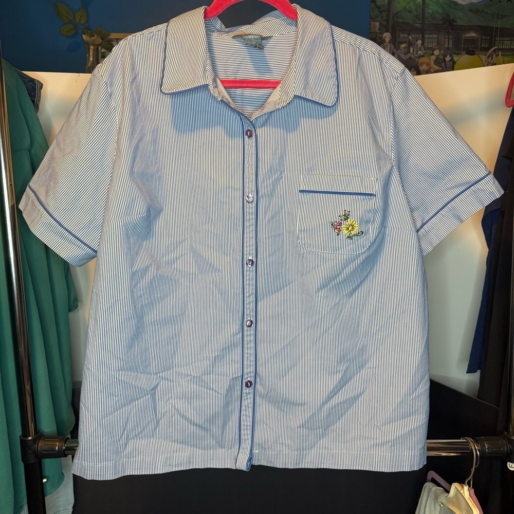 Koret Woman size 22W Blue and White Striped Short Sleeve Button Down Shirt